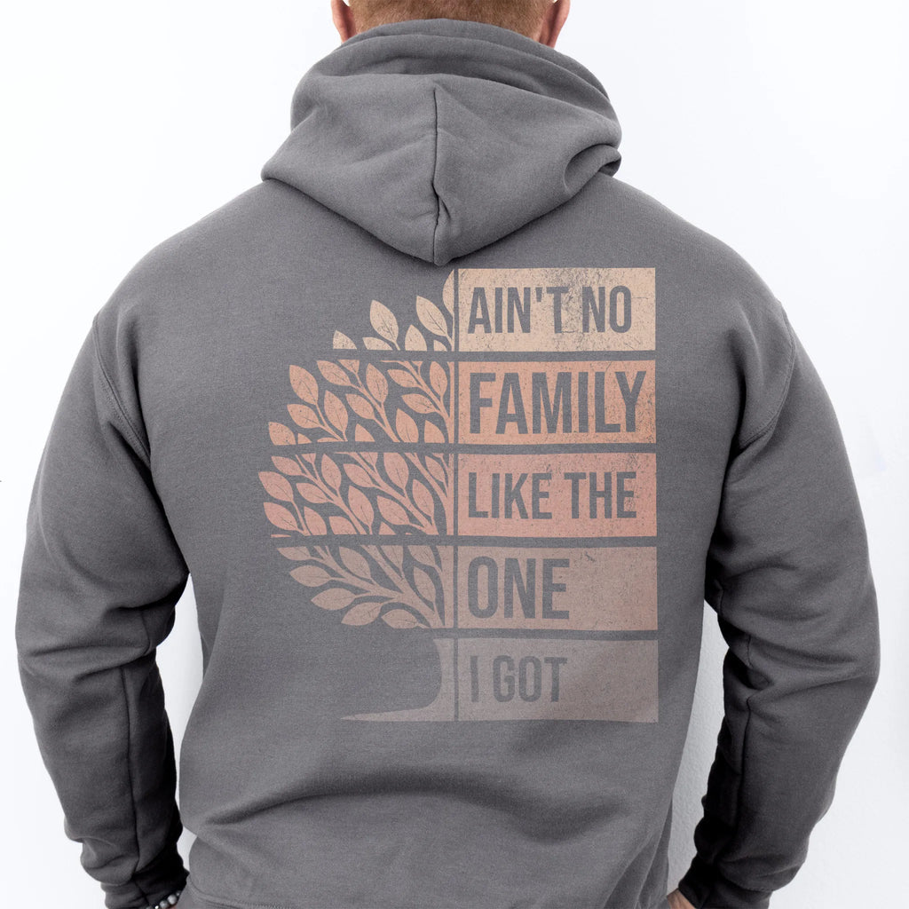 Charcoal Oakley June Hoodie – oversized back print Ain’t No Family Like the One I Got with distressed tree design