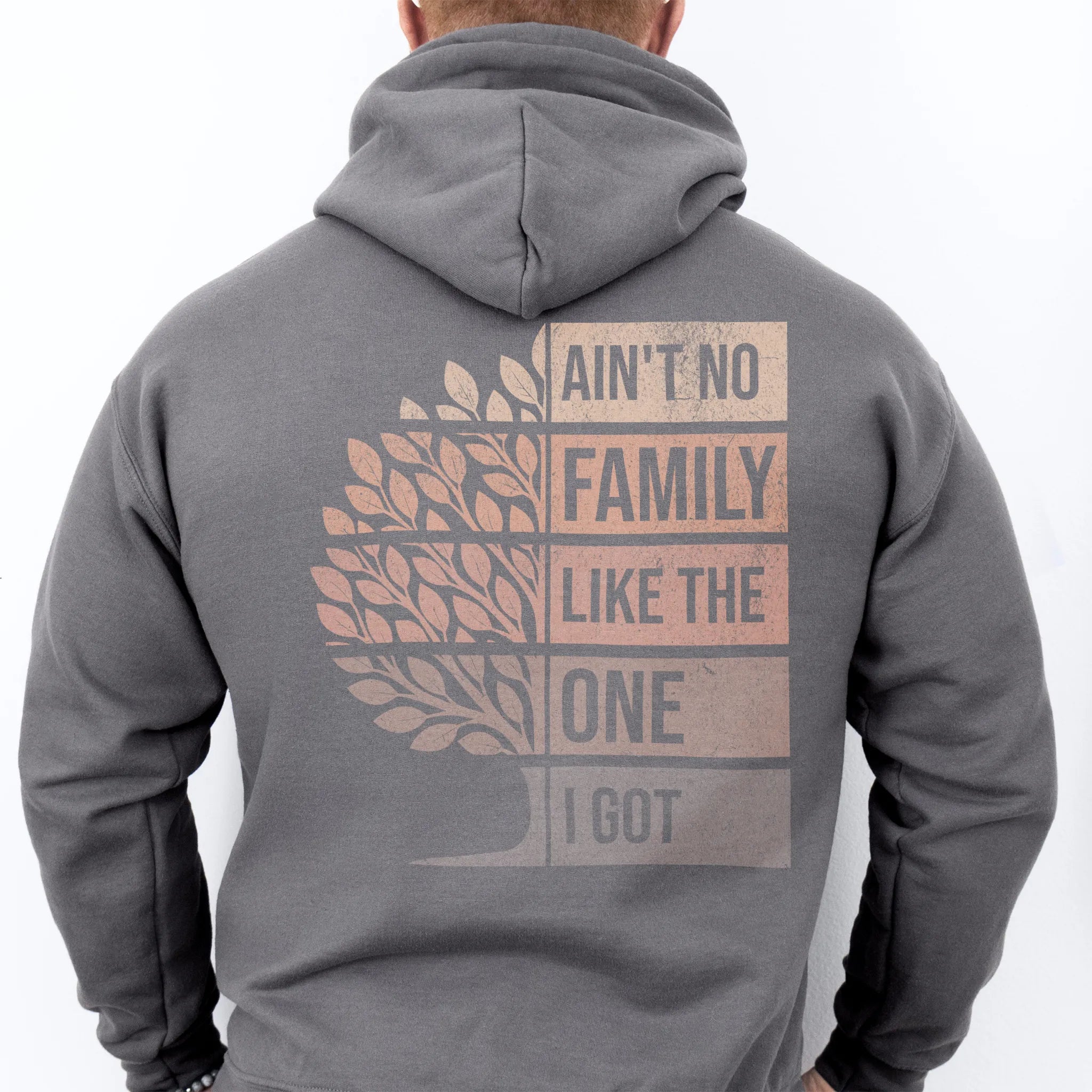 Charcoal Oakley June Hoodie – oversized back print Ain’t No Family Like the One I Got with distressed tree design