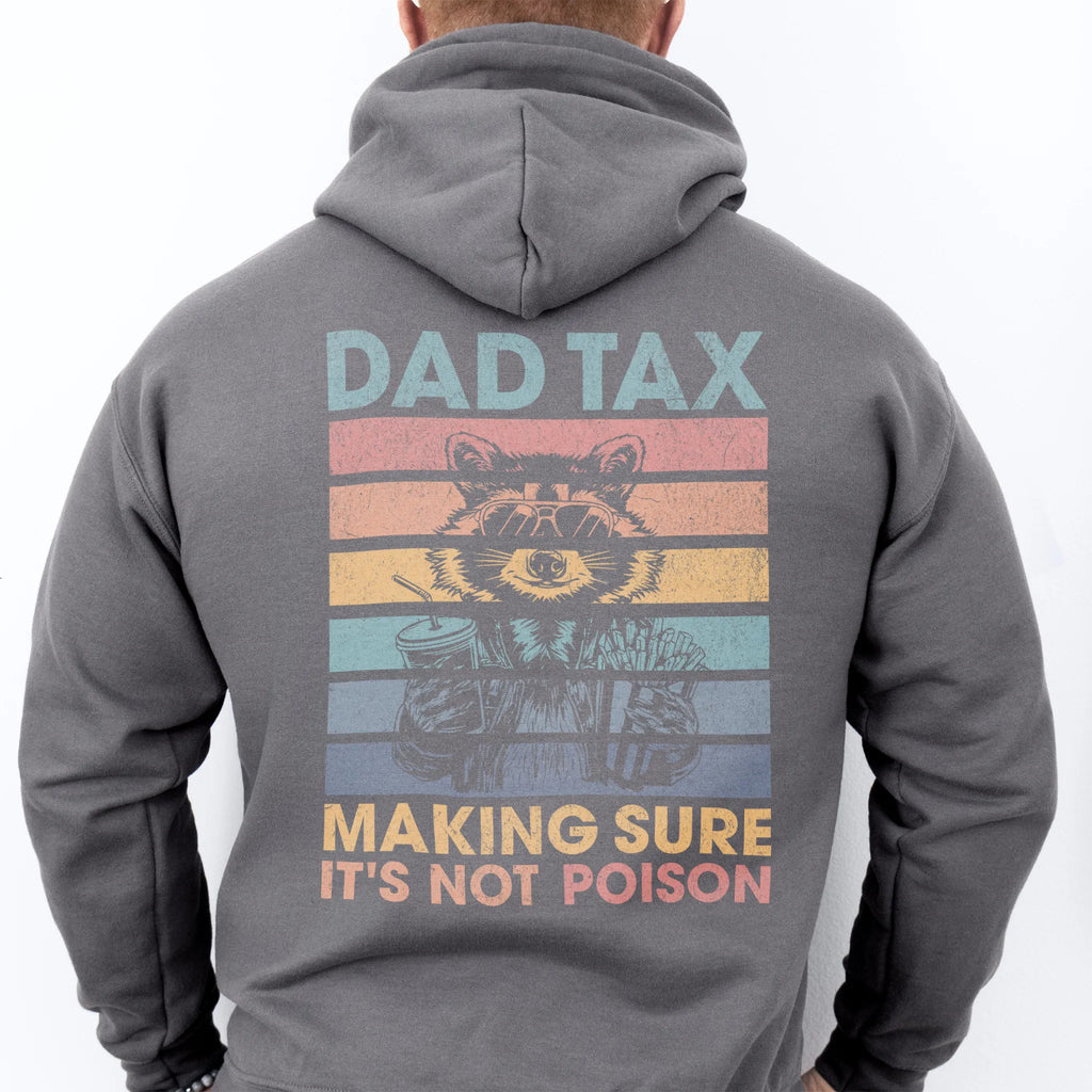 Charcoal Oakley June Hoodie back view Dad Tax retro stripes raccoon wearing sunglasses holding soda and fries large back print text Making Sure It’s Not Poison distressed graphic