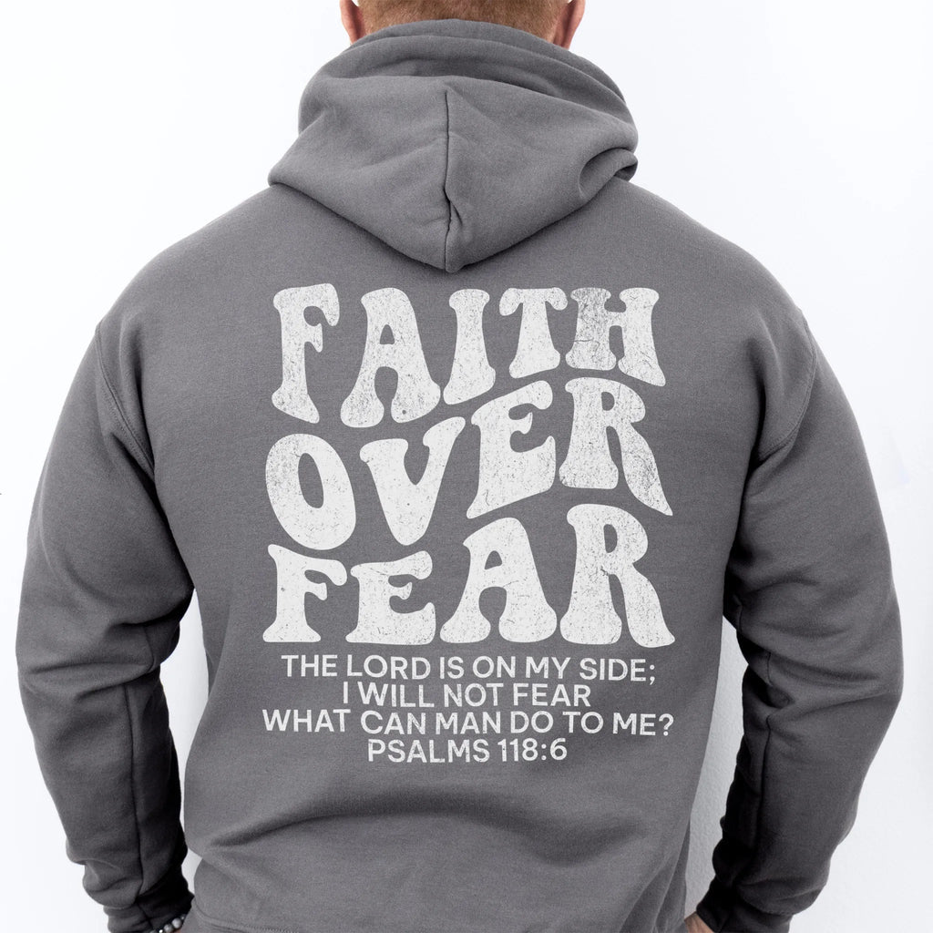 Charcoal Oakley June hoodie, mens fit, large back lettering reads Faith Over Fear with supporting scripture lines, studio back view