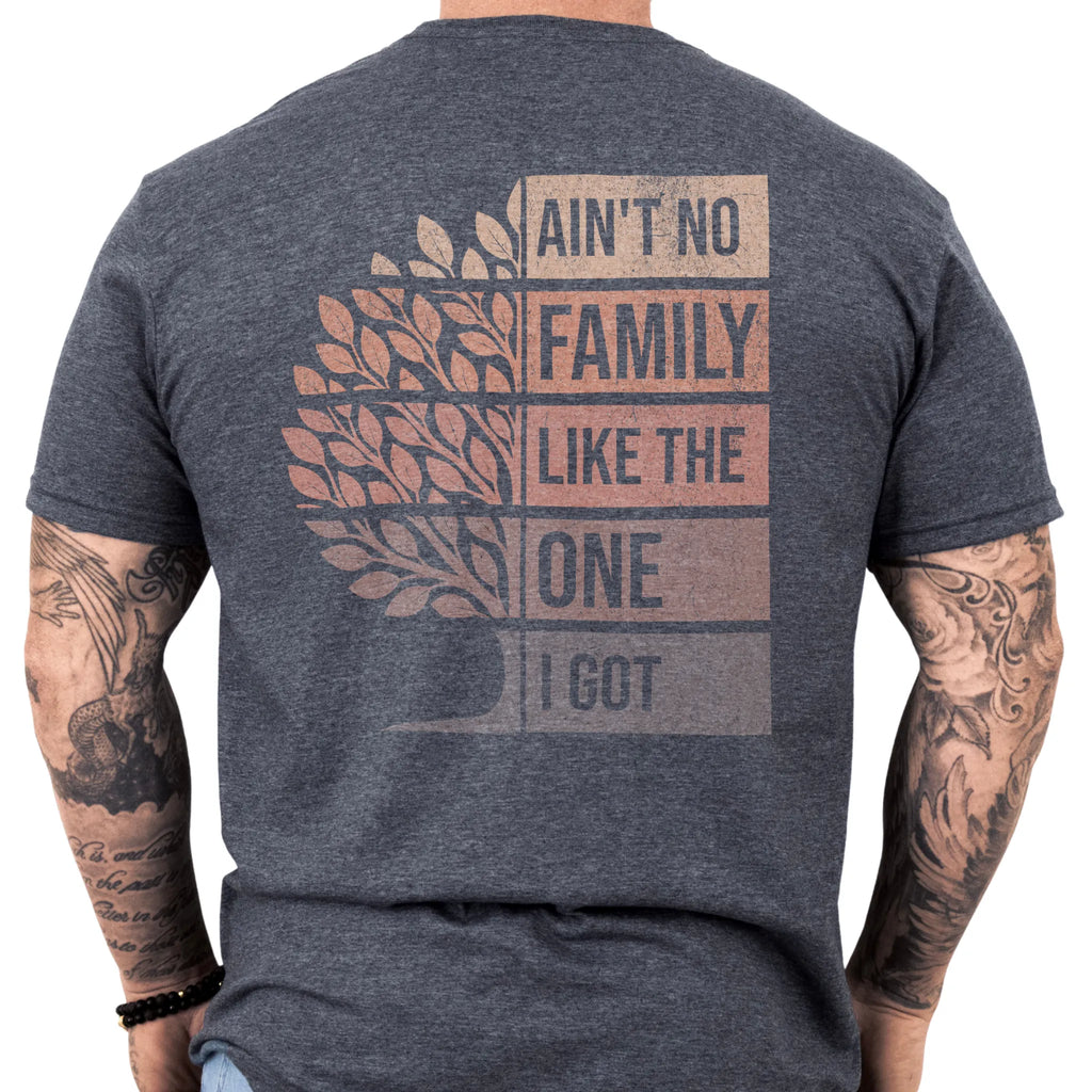 Dark Heather Oakley June T-Shirt – Family Roots Run Deep left chest badge, front view