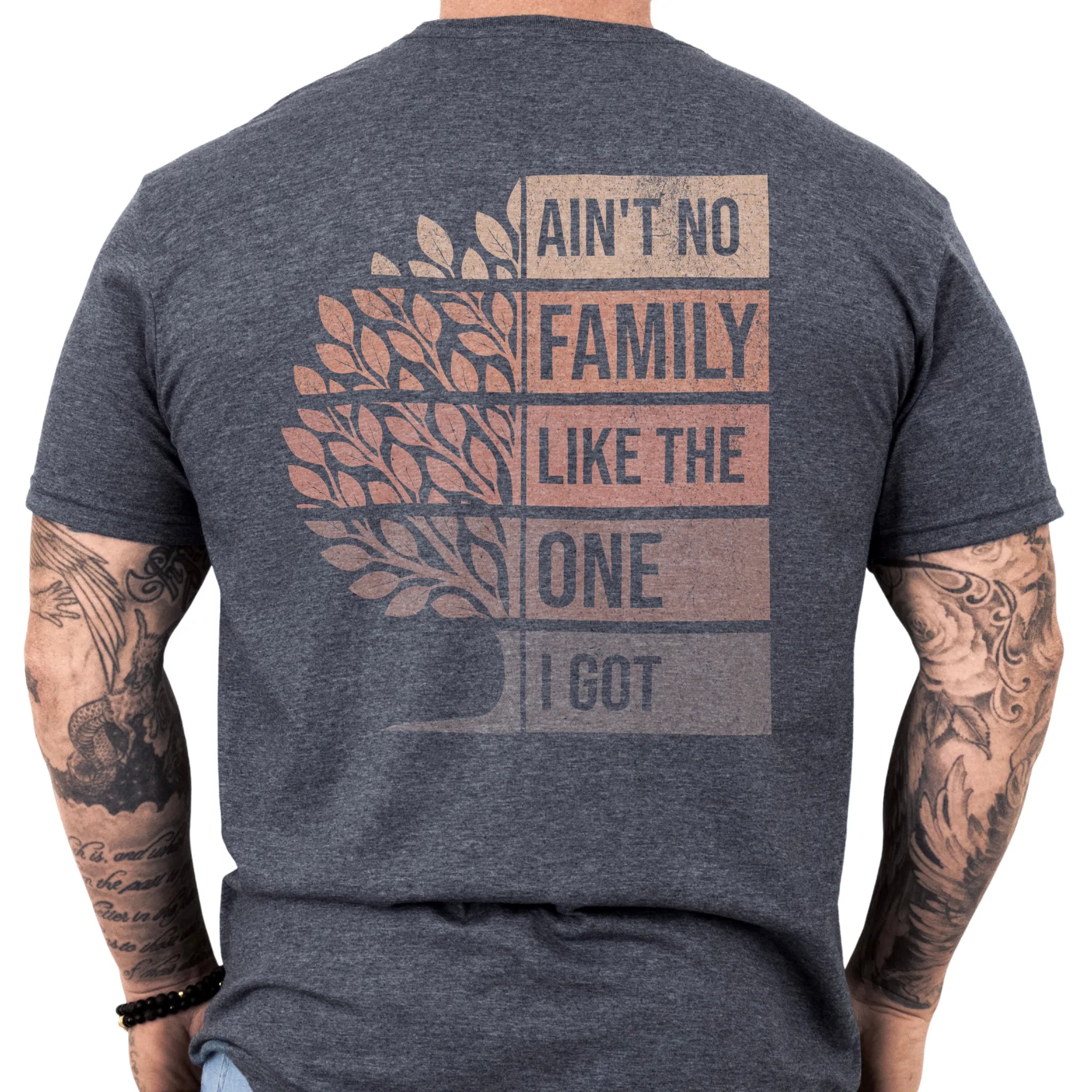 Dark Heather Oakley June T-Shirt – Family Roots Run Deep left chest badge, front view