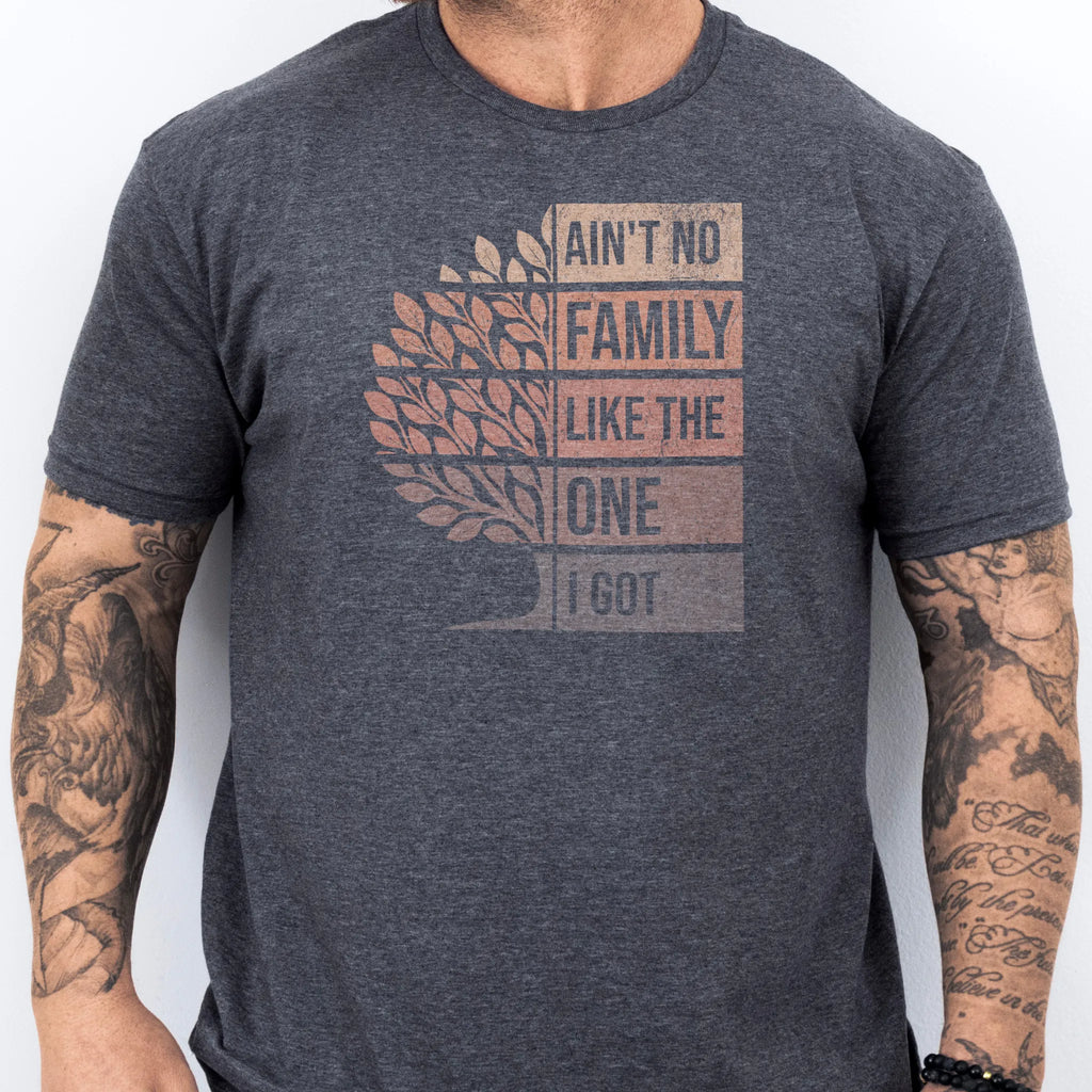 Dark Heather Oakley June t shirt, Ain’t No Family Like the One I Got retro tree graphic, front view