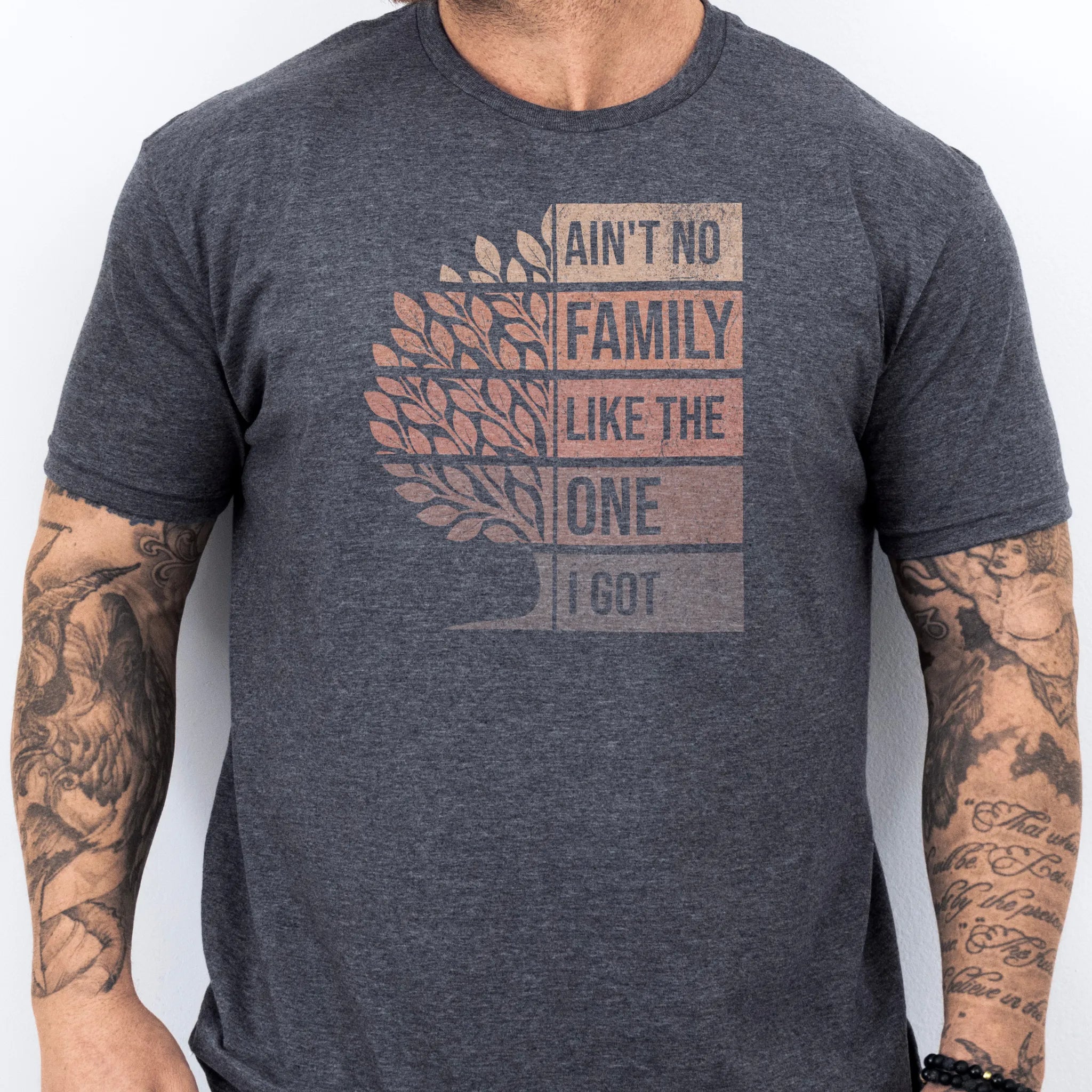 Dark Heather Oakley June t shirt, Ain’t No Family Like the One I Got retro tree graphic, front view