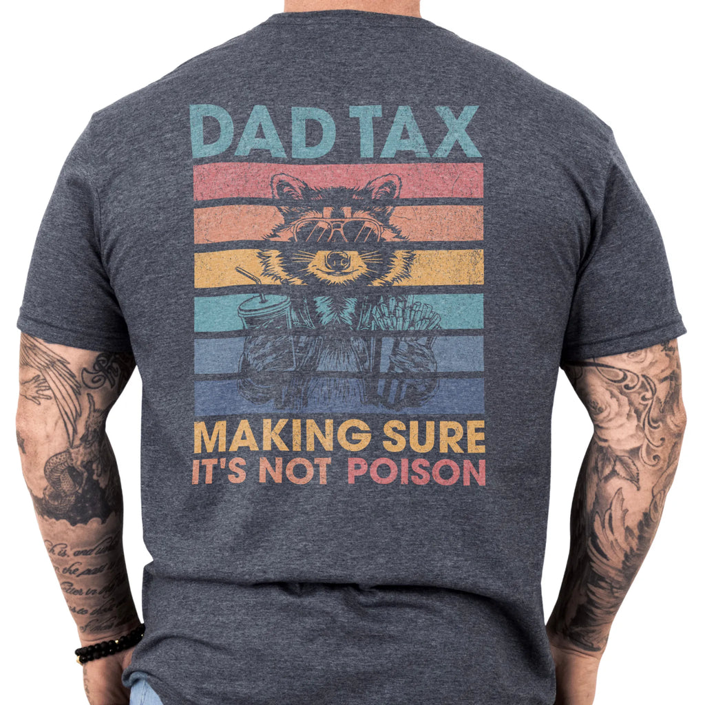 Dark Heather Military Green Oakley June T-Shirt – Dad Tax retro stripes graphic on back with raccoon holding snacks and “Making Sure It’s Not Poison” text
