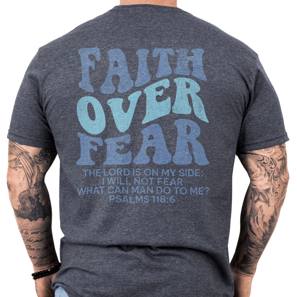 Dark Heather Oakley June t shirt, mens fit, large back lettering reads Faith Over Fear with supporting scripture lines, studio back view