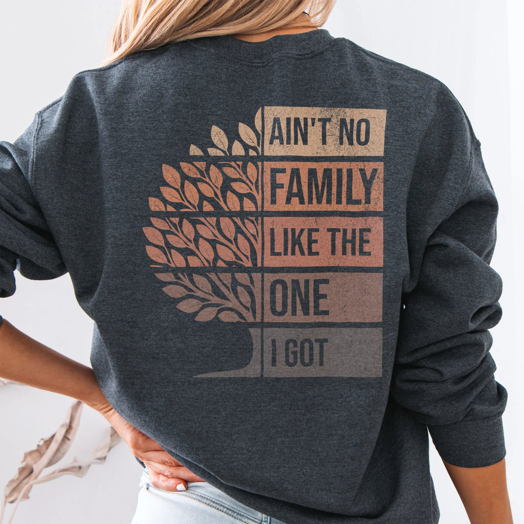 Dark Heather Oakley June sweatshirt oversized back print Ain’t No Family Like the One I Got with tree graphic