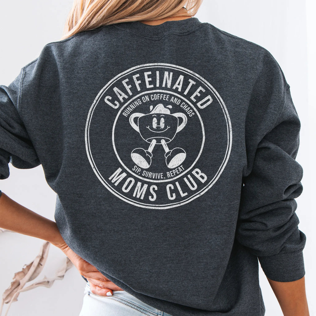 Dark Heather Oakley June Sweatshirt front view small left chest coffee cup mascot Caffeinated Moms Club minimal distressed