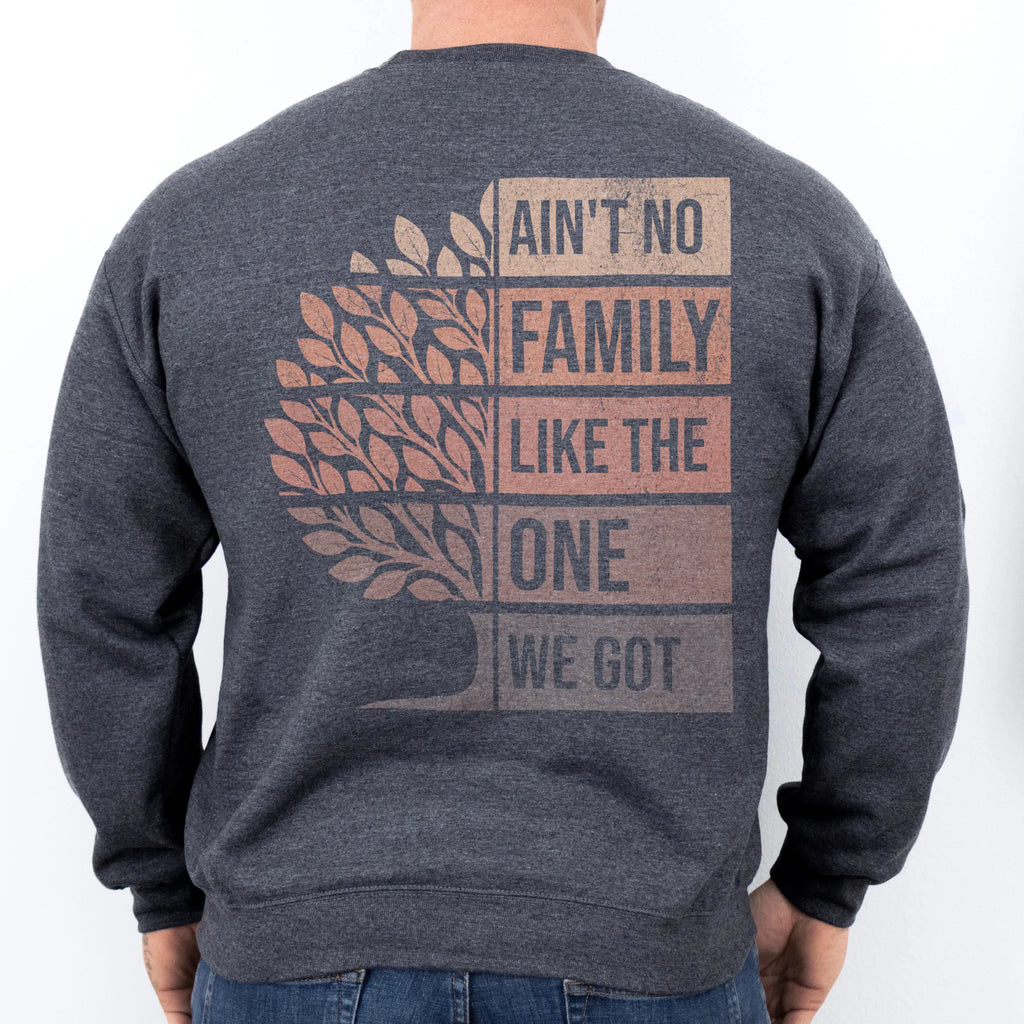 Dark Heather Oakley June sweatshirt oversized back print Ain’t No Family Like the One We Got with tree graphic