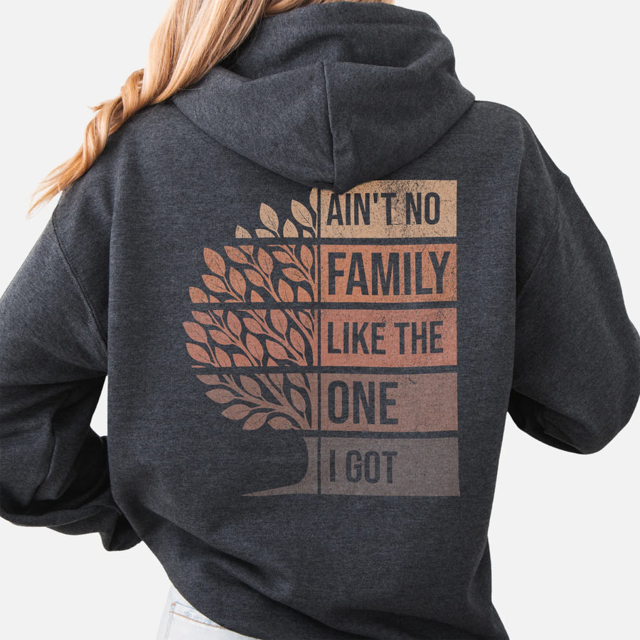 Dark Heather Oakley June hoodie oversized back print Ain’t No Family Like the One I Got with tree graphic