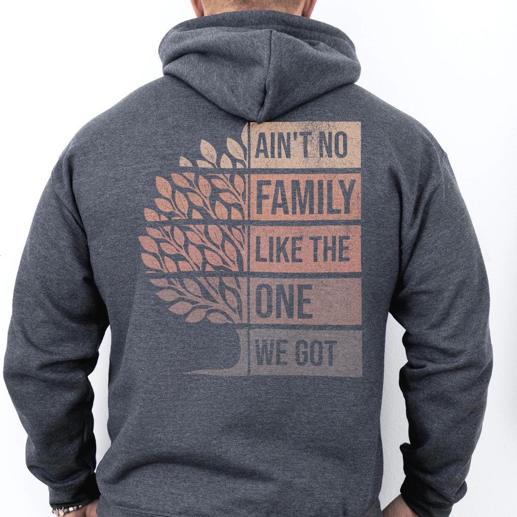Dark Heather Oakley June hoodie oversized back print Ain’t No Family Like the One We Got with tree graphic