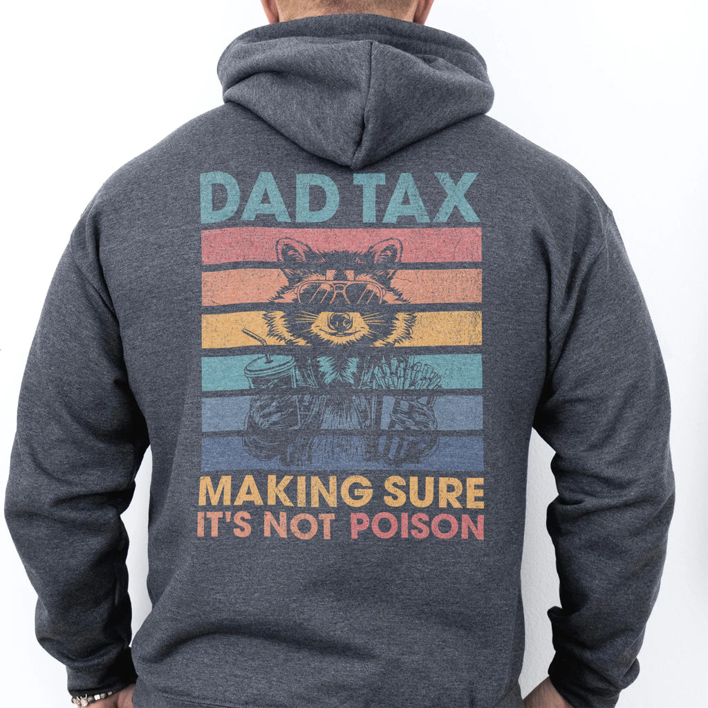 Dark Heather Oakley June Hoodie back view Dad Tax retro stripes raccoon wearing sunglasses holding soda and fries large back print text Making Sure It’s Not Poison distressed graphic