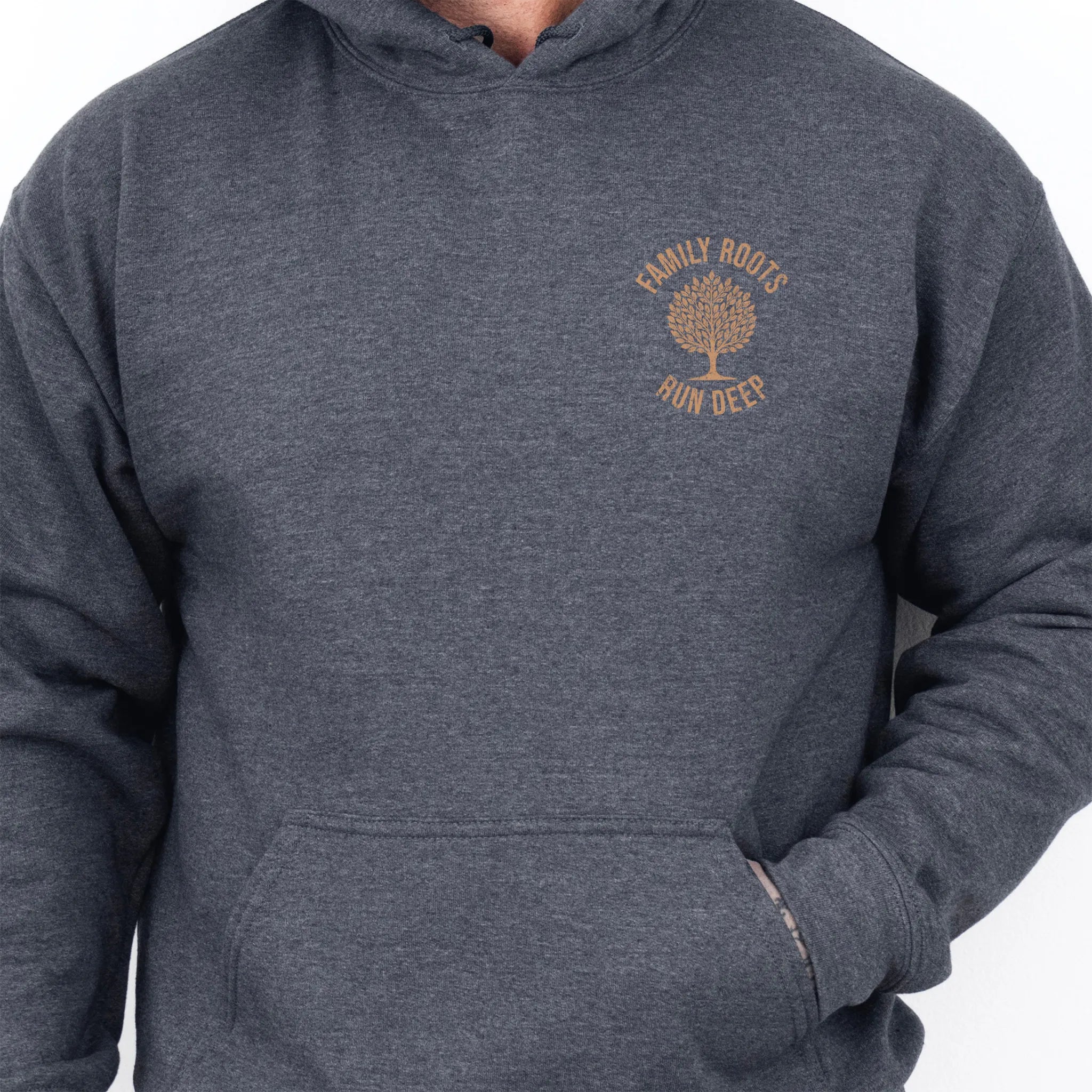 Dark Heather Oakley June Hoodie – left chest tree badge with text Family Roots Run Deep, cozy unisex pullover