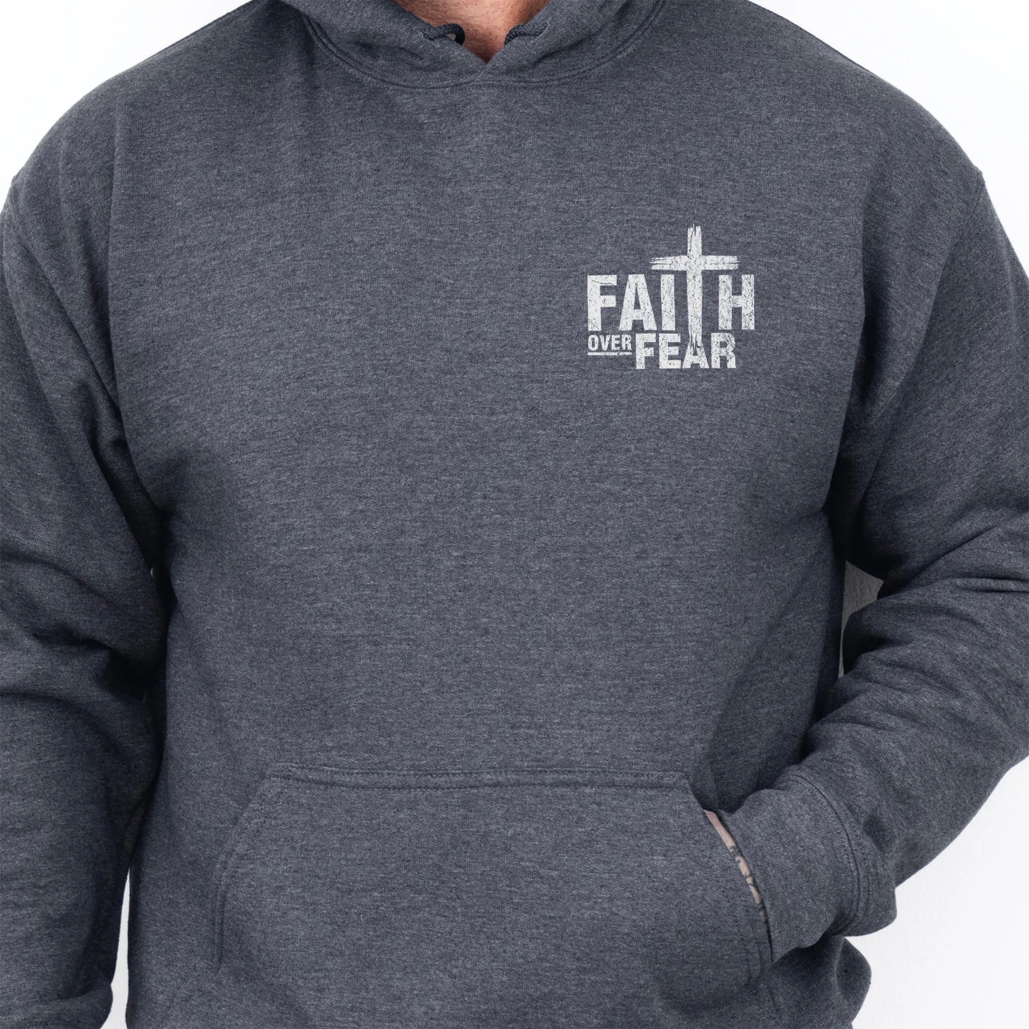 Dark Heather Oakley June hoodie, mens fit, left chest badge reads Faith Over Fear with cross, kangaroo pocket, studio front view