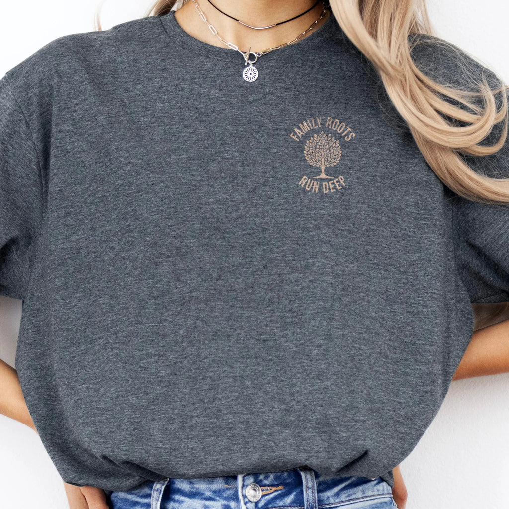 Dark Heather Oakley June T-Shirt – left chest tree badge with text Family Roots Run Deep, soft unisex tee
