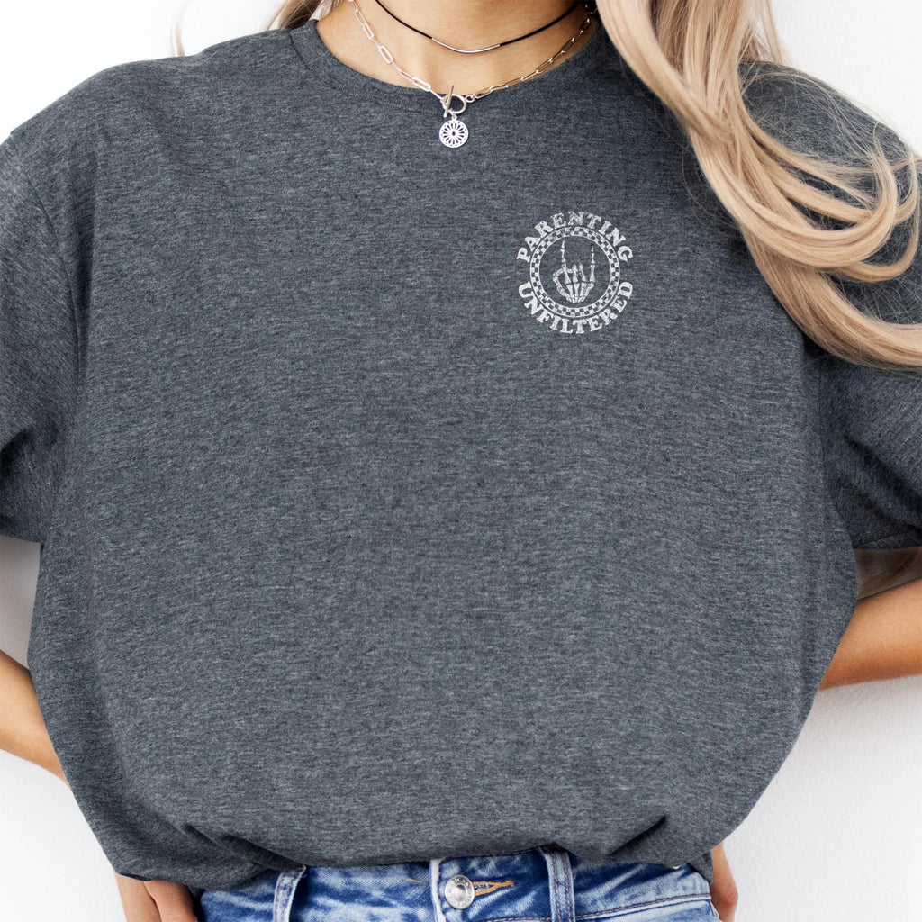 Dark Heather t-shirt – left chest circular badge with the words “Parenting Unfiltered”, relaxed modern fit, cropped to torso, studio front view