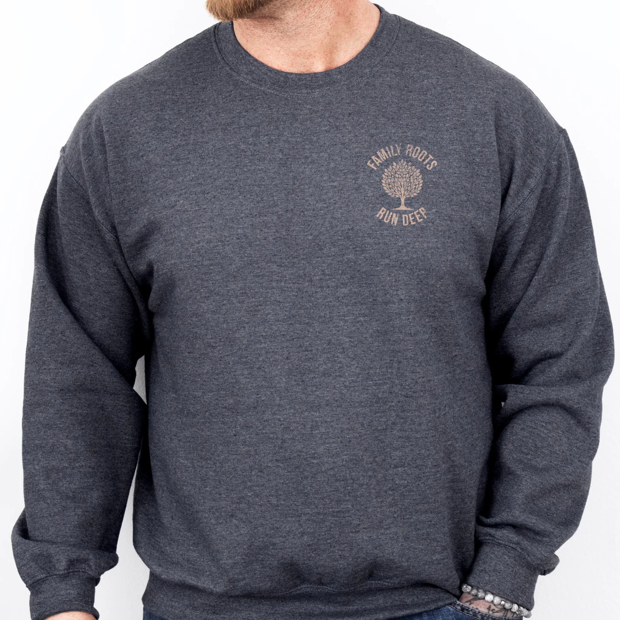 Dark Heather Oakley June sweatshirt left chest tree badge reading Family Roots Run Deep