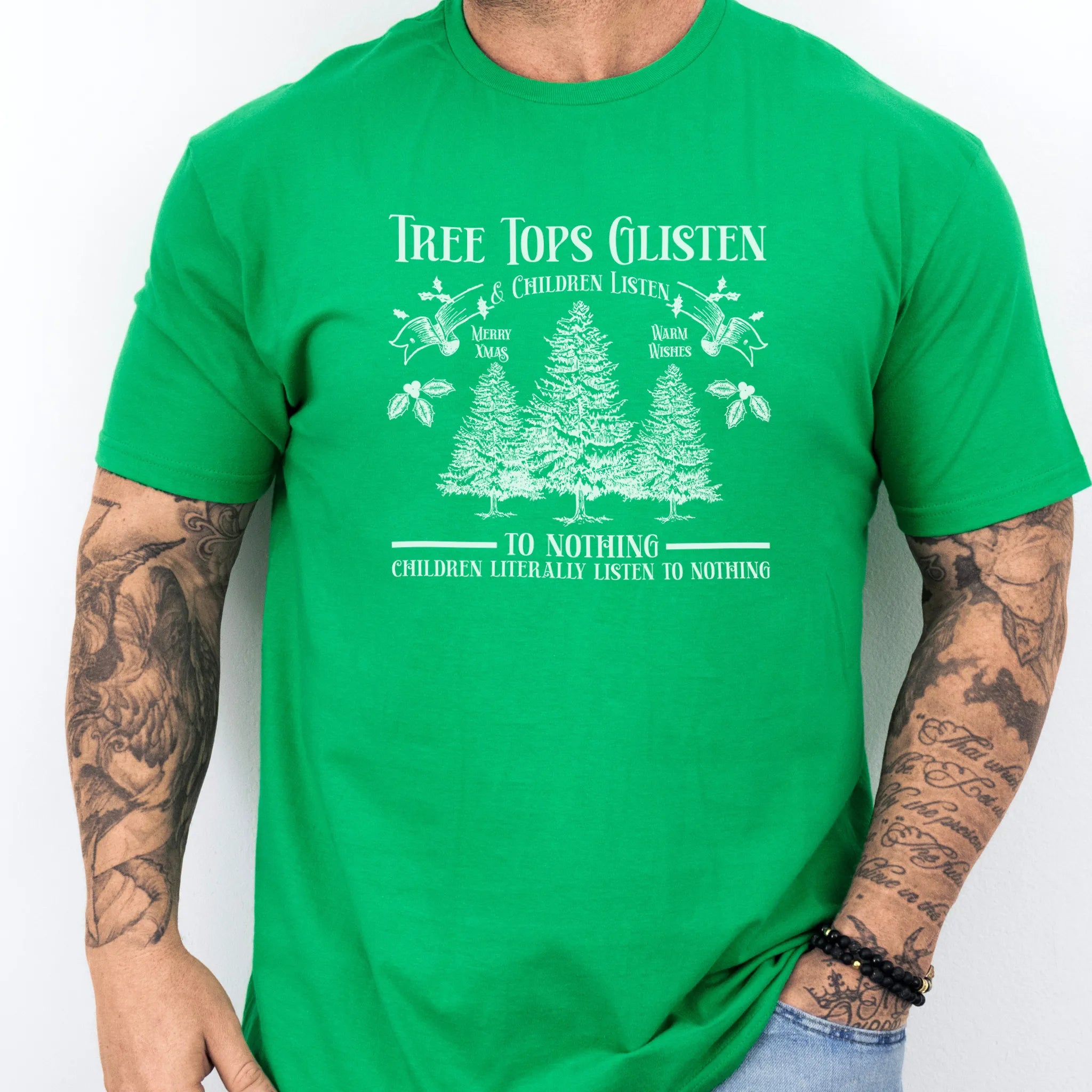 Irish Green men’s tee front print Tree Tops Glisten and Children Listen to Nothing with vintage evergreens