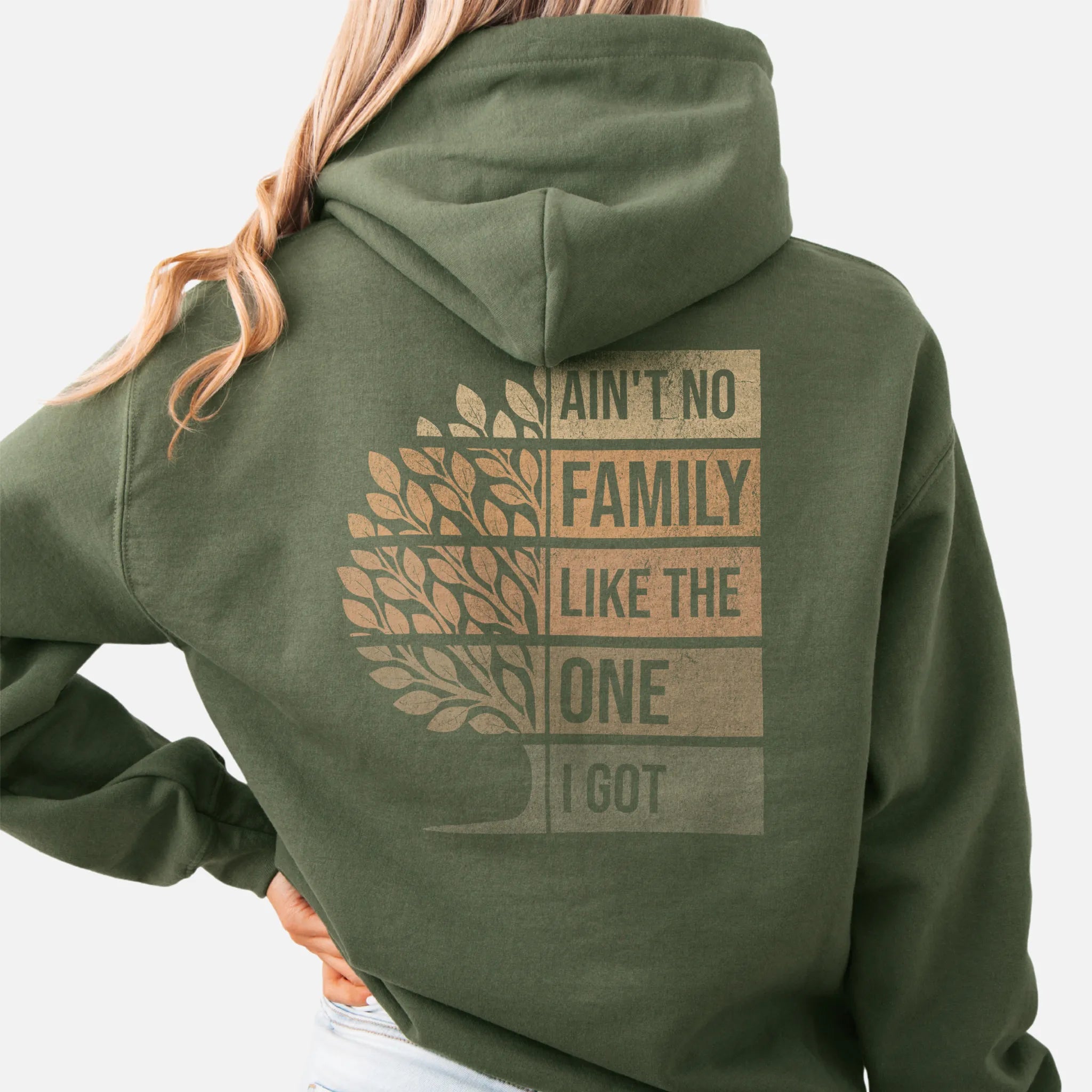 Military Green Oakley June hoodie oversized back print Ain’t No Family Like the One I Got with tree graphic