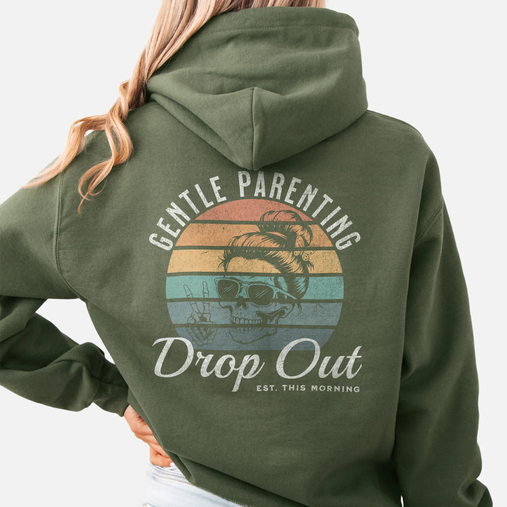 Military Green Oakley June Hoodie back view Gentle Parenting Drop Out large round retro stripe badge skull with messy bun peace sign script Est This Morning distressed print
