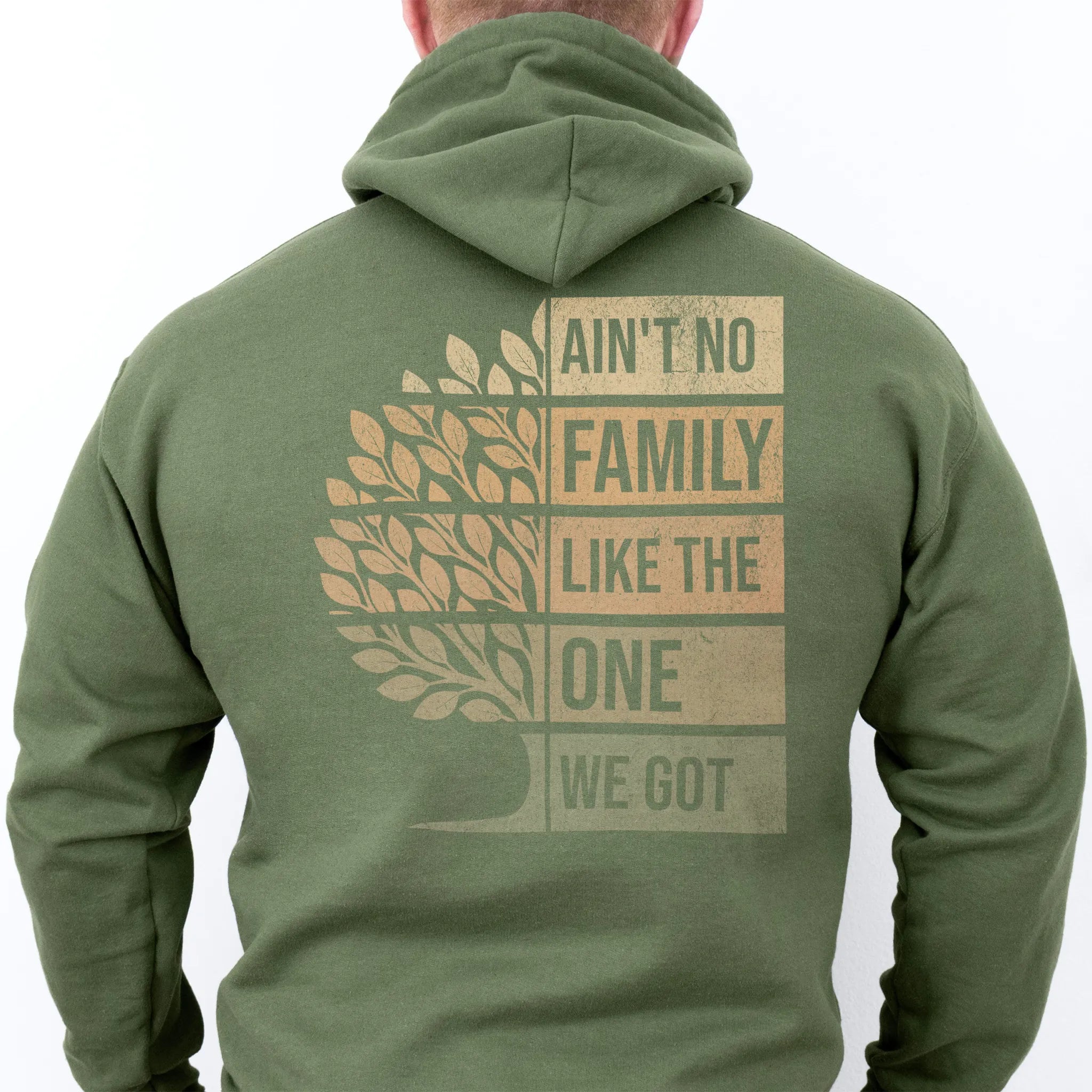 Military Green Oakley June hoodie oversized back print Ain’t No Family Like the One We Got with tree graphic