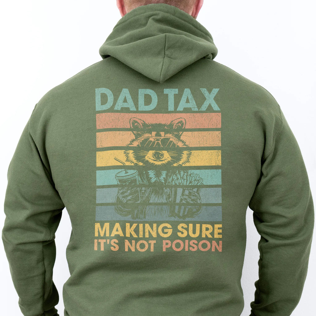 Military Green Oakley June Hoodie back view Dad Tax retro stripes raccoon wearing sunglasses holding soda and fries large back print text Making Sure It’s Not Poison distressed graphic