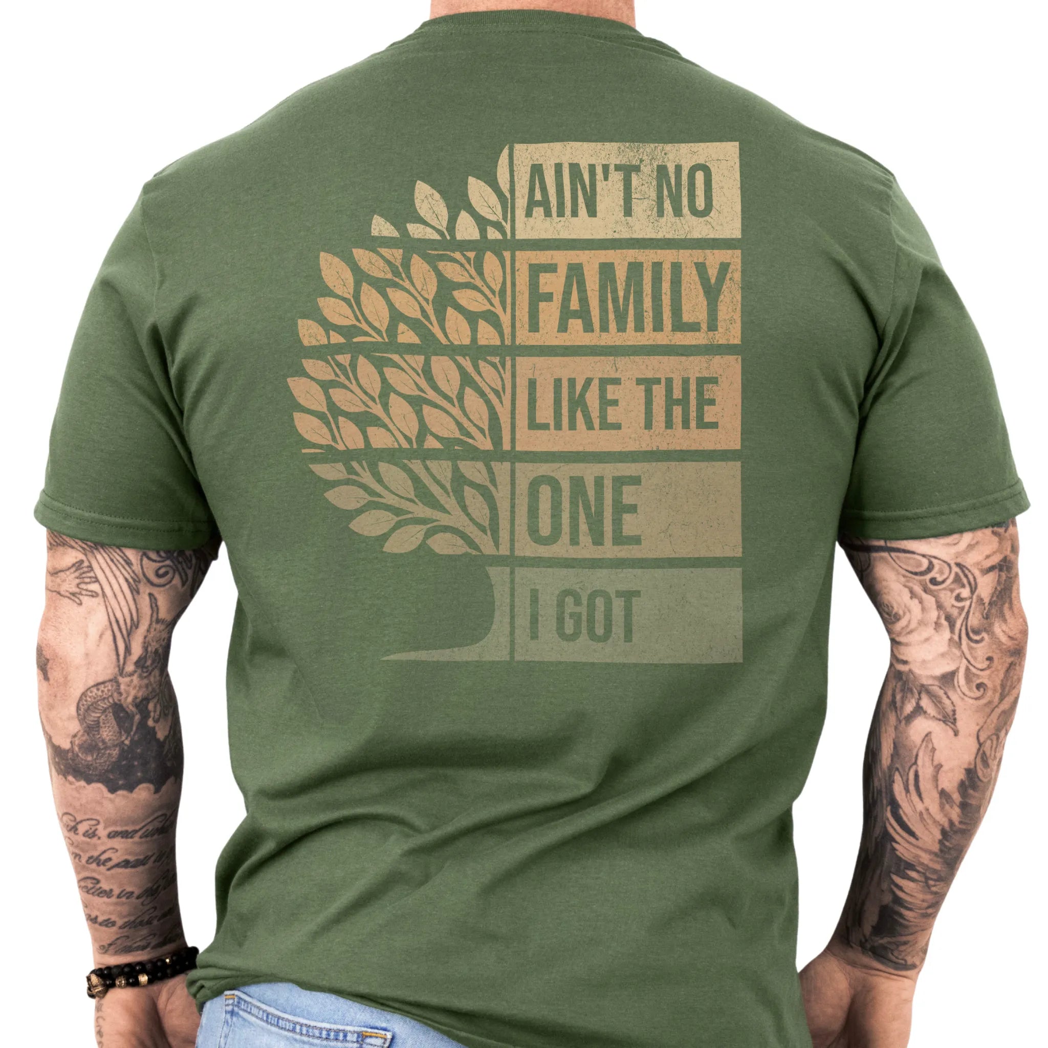 Military Green Oakley June T-Shirt – Family Roots Run Deep left chest badge, front view