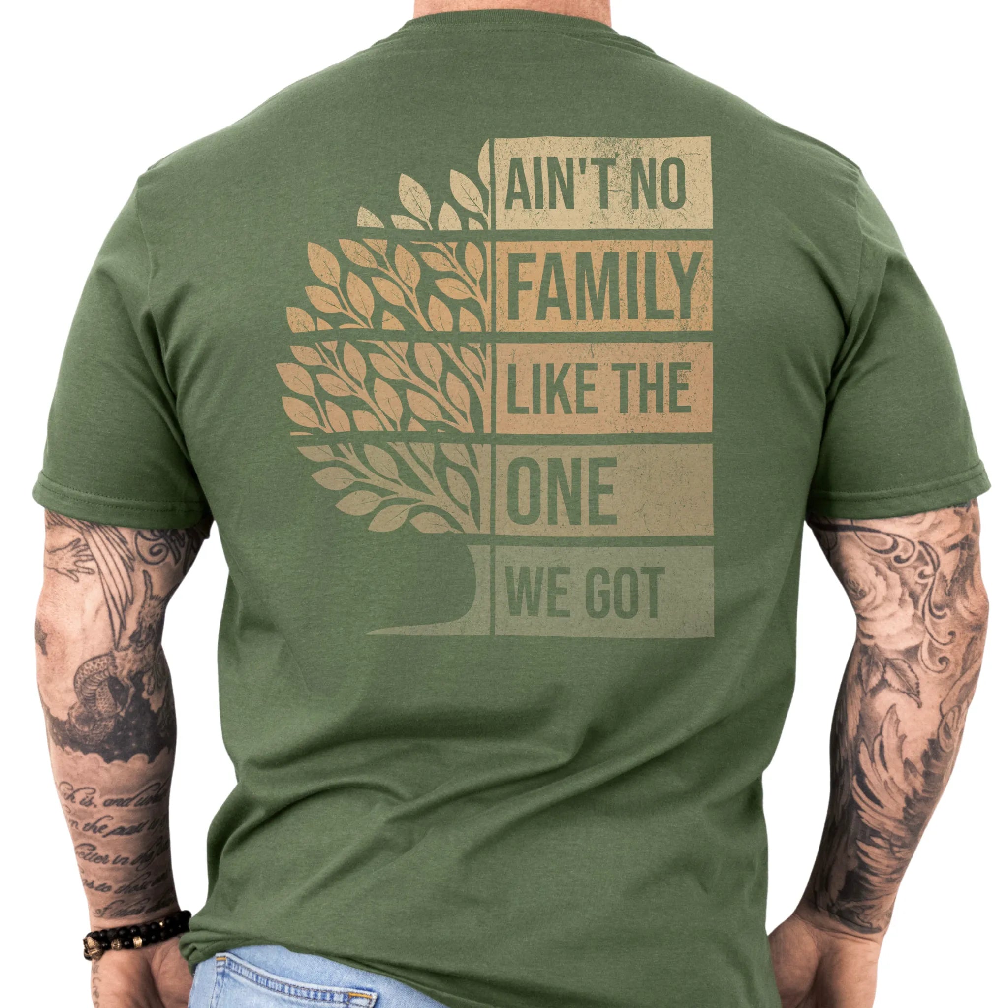 Military Green Oakley June tee oversized back print Ain’t No Family Like the One We Got with tree graphic