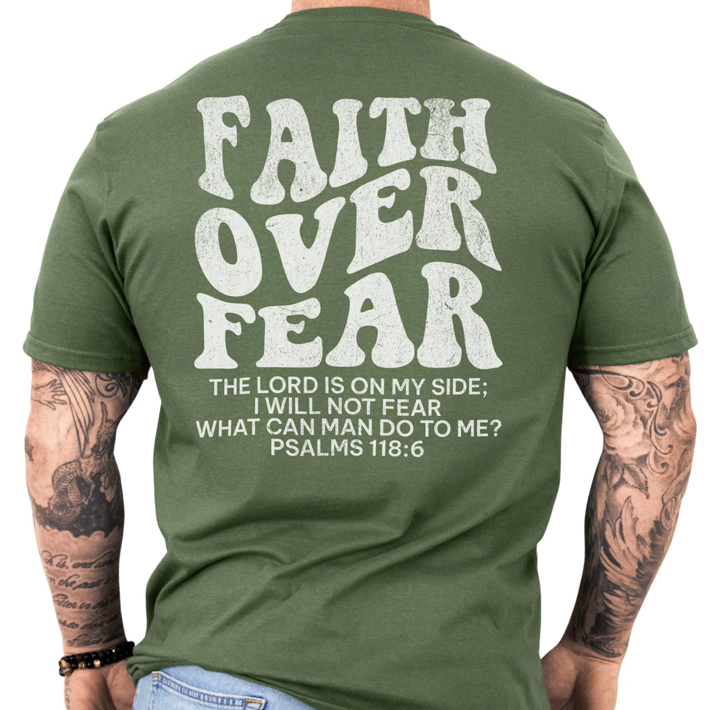 Military Green Oakley June t shirt, mens fit, large back lettering reads Faith Over Fear with supporting scripture lines, studio back view
