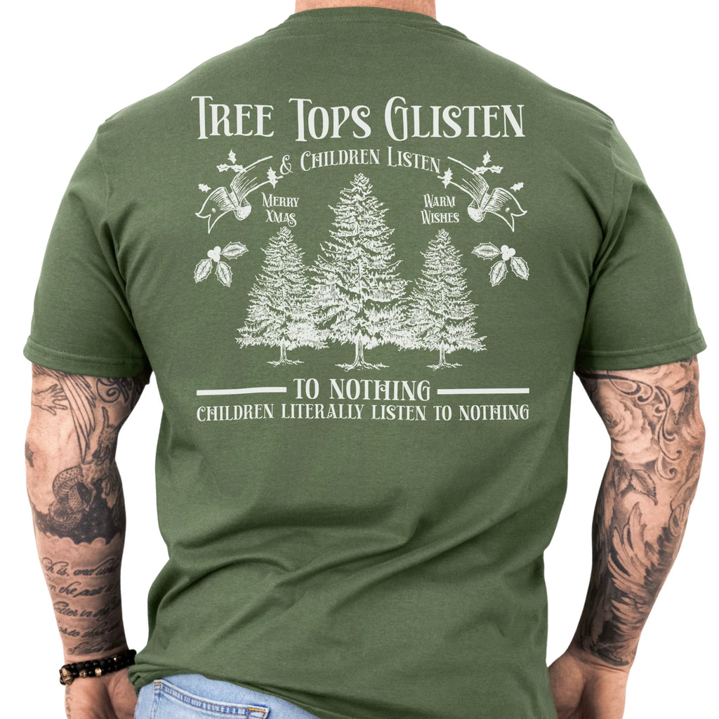 Military Green Oakley June tee large back print Tree Tops Glisten and Children Listen to Nothing with three evergreen trees, doves, and holly