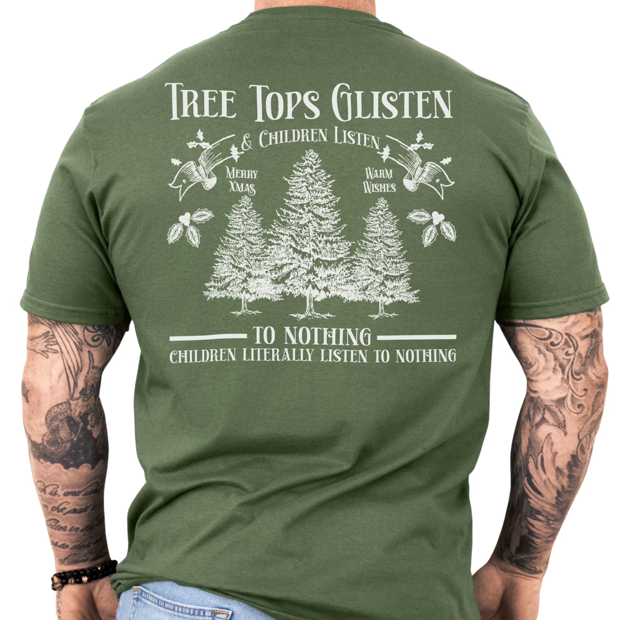 Military Green Oakley June tee large back print Tree Tops Glisten and Children Listen to Nothing with three evergreen trees, doves, and holly