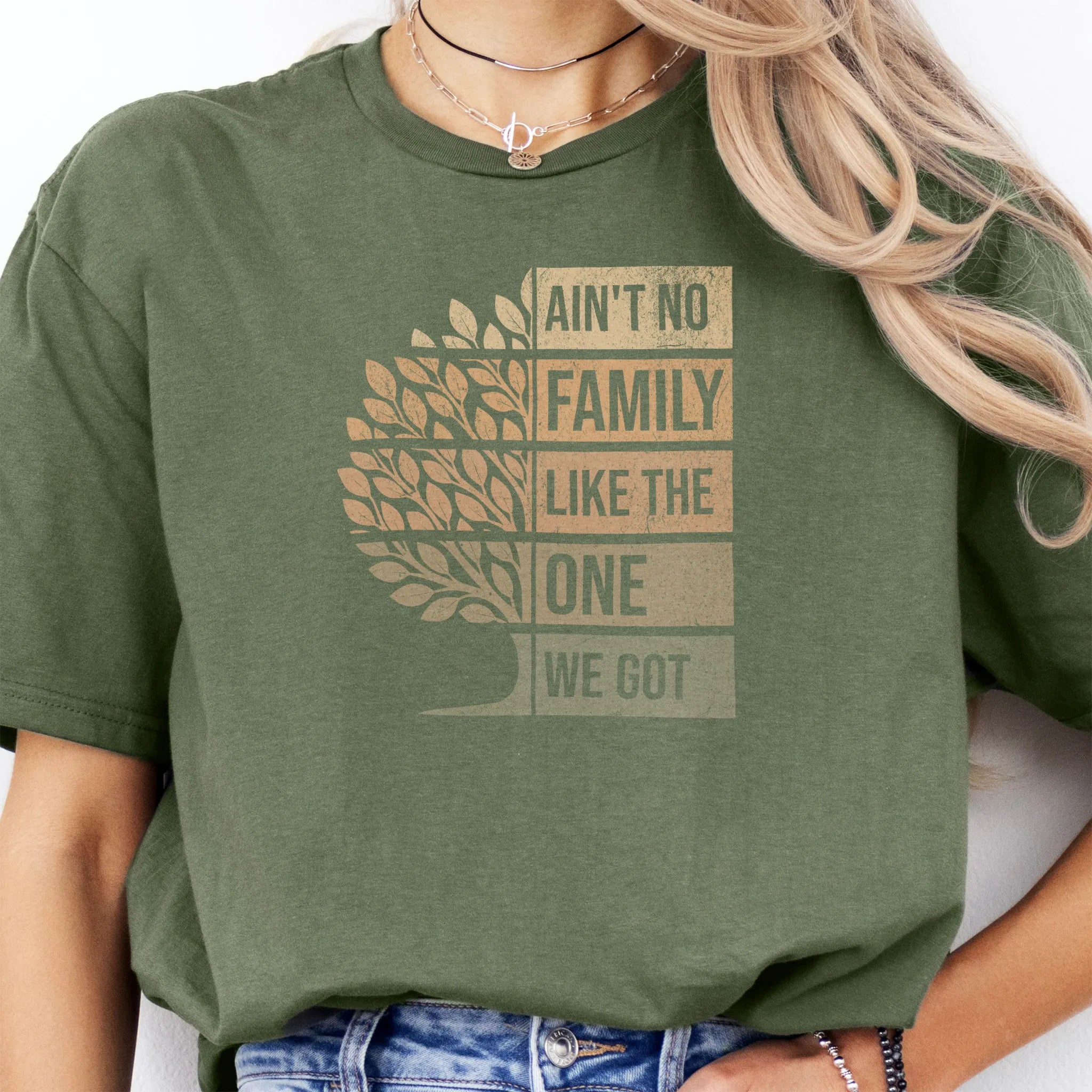 Military Green Oakley June tee bold front print Ain’t No Family Like the One We Got with tree graphic
