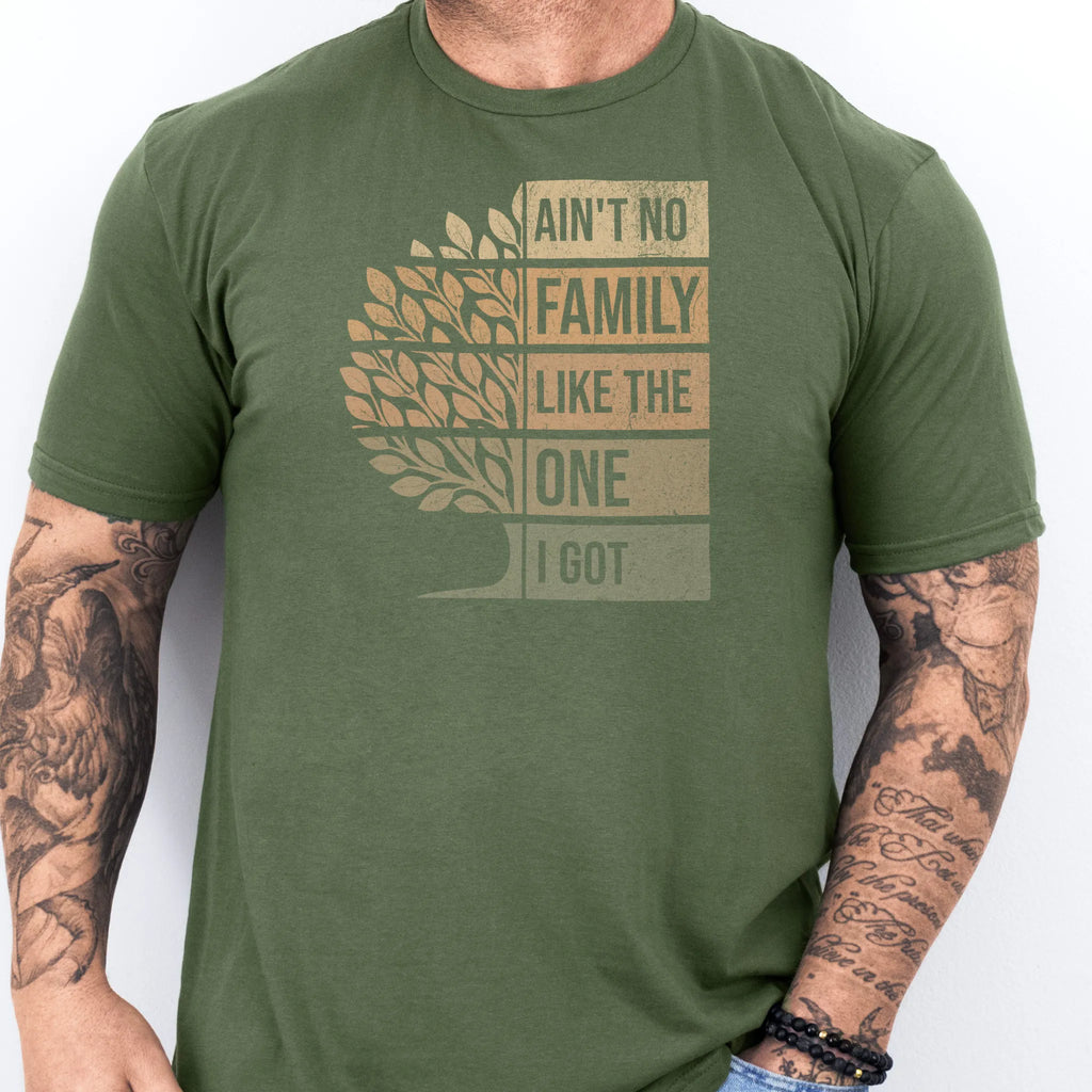 Military Green Oakley June t shirt, Ain’t No Family Like the One I Got retro tree graphic, front view