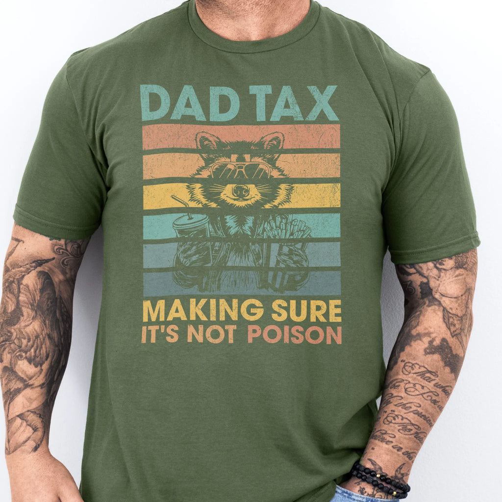 Military Green Oakley June T Shirt front view Dad Tax retro stripes raccoon wearing sunglasses holding soda and fries text Making Sure It’s Not Poison distressed print