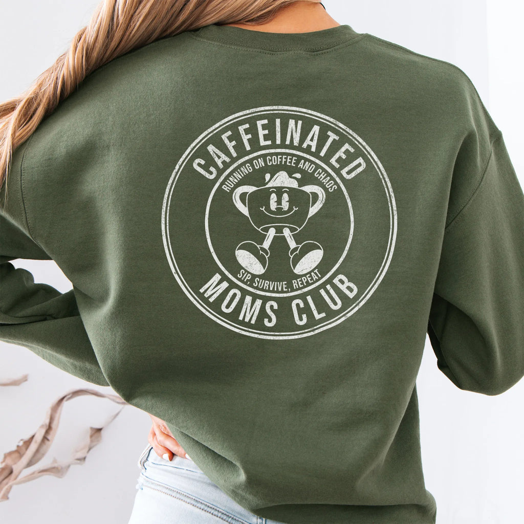 Military Green Oakley June Sweatshirt front view small left chest coffee cup mascot Caffeinated Moms Club minimal distressed
