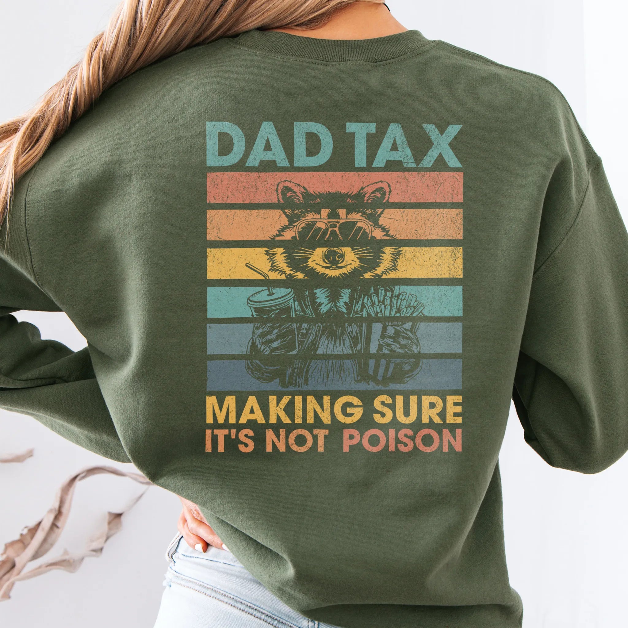 Military Green Oakley June Sweatshirt back view Gentle Parenting Drop Out large round retro stripe badge skull with messy bun peace sign script Est This Morning distressed print