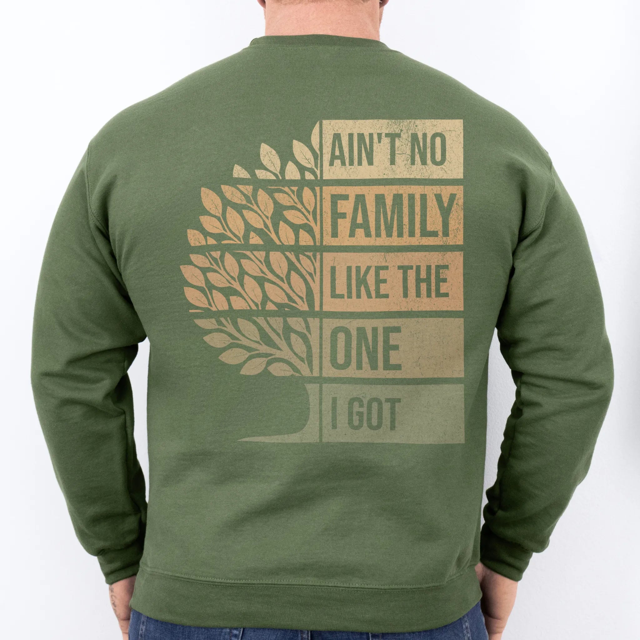 Military Green Oakley June Sweatshirt – oversized back print Ain’t No Family Like the One I Got with distressed retro gradient tree design