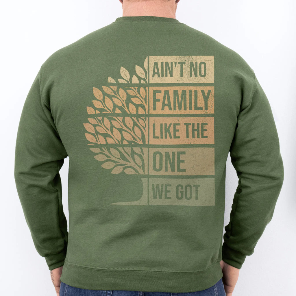 Military Green Oakley June sweatshirt oversized back print Ain’t No Family Like the One We Got with tree graphic