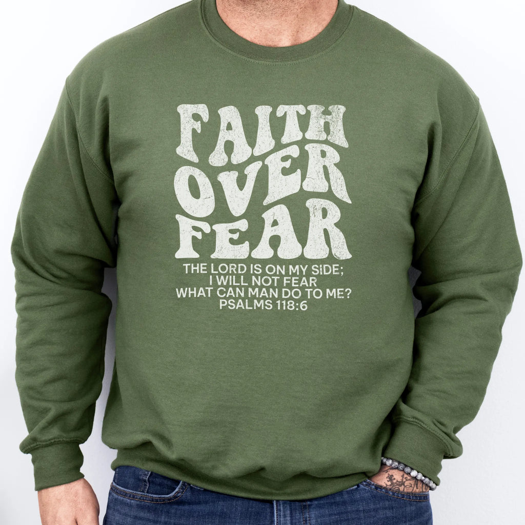 Military Green Oakley June sweatshirt, mens fit, left chest badge reads Faith Over Fear with cross, studio front view