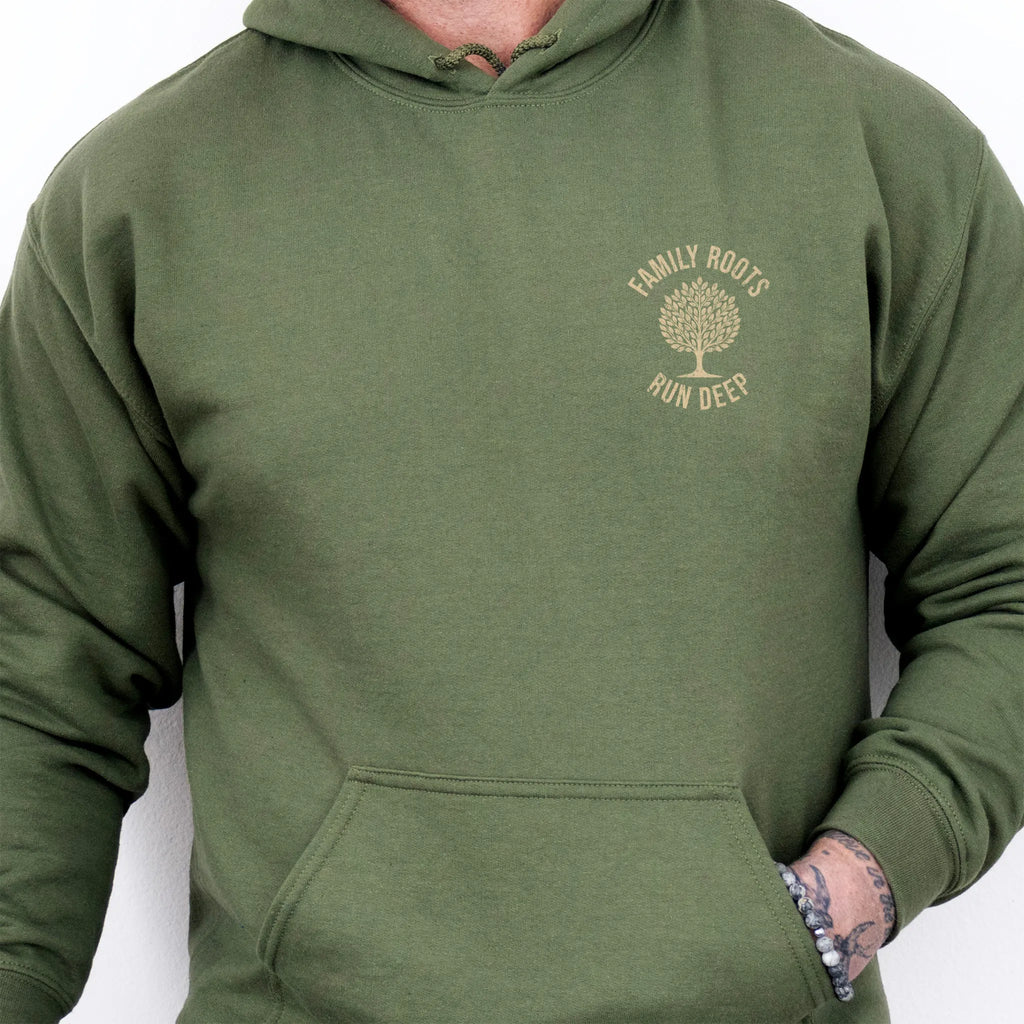 Military Green Oakley June hoodie left chest tree badge reading Family Roots Run Deep
