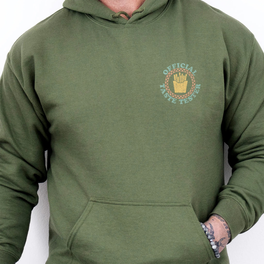 Military Green Oakley June Hoodie front view Dad Tax Official Taste Tester left chest badge retro circle fries emblem kangaroo pocket drawstrings visible