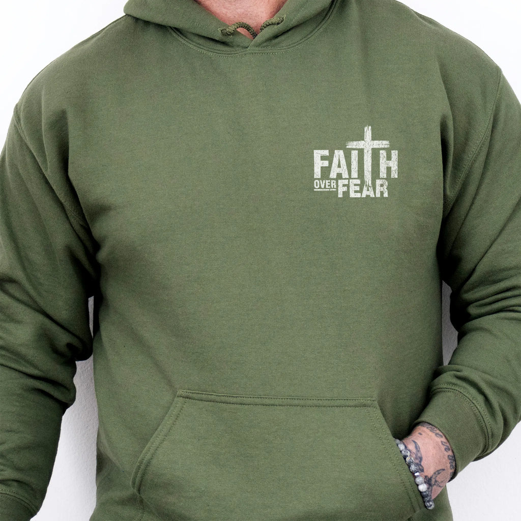 Military Green Oakley June hoodie, mens fit, left chest badge reads Faith Over Fear with cross, kangaroo pocket, studio front view