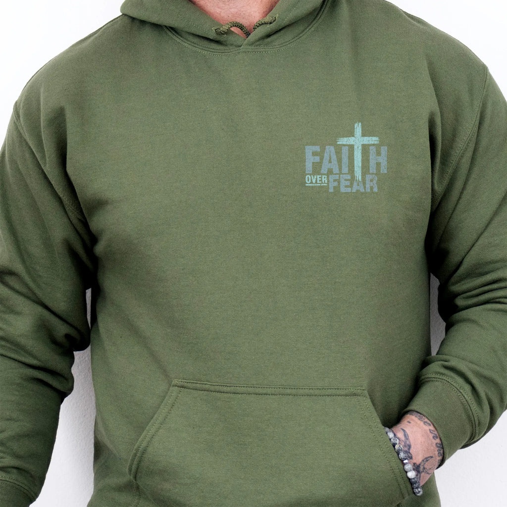 Military Green Oakley June hoodie, mens fit, left chest badge reads Faith Over Fear with cross, kangaroo pocket and relaxed modern fit, studio front view