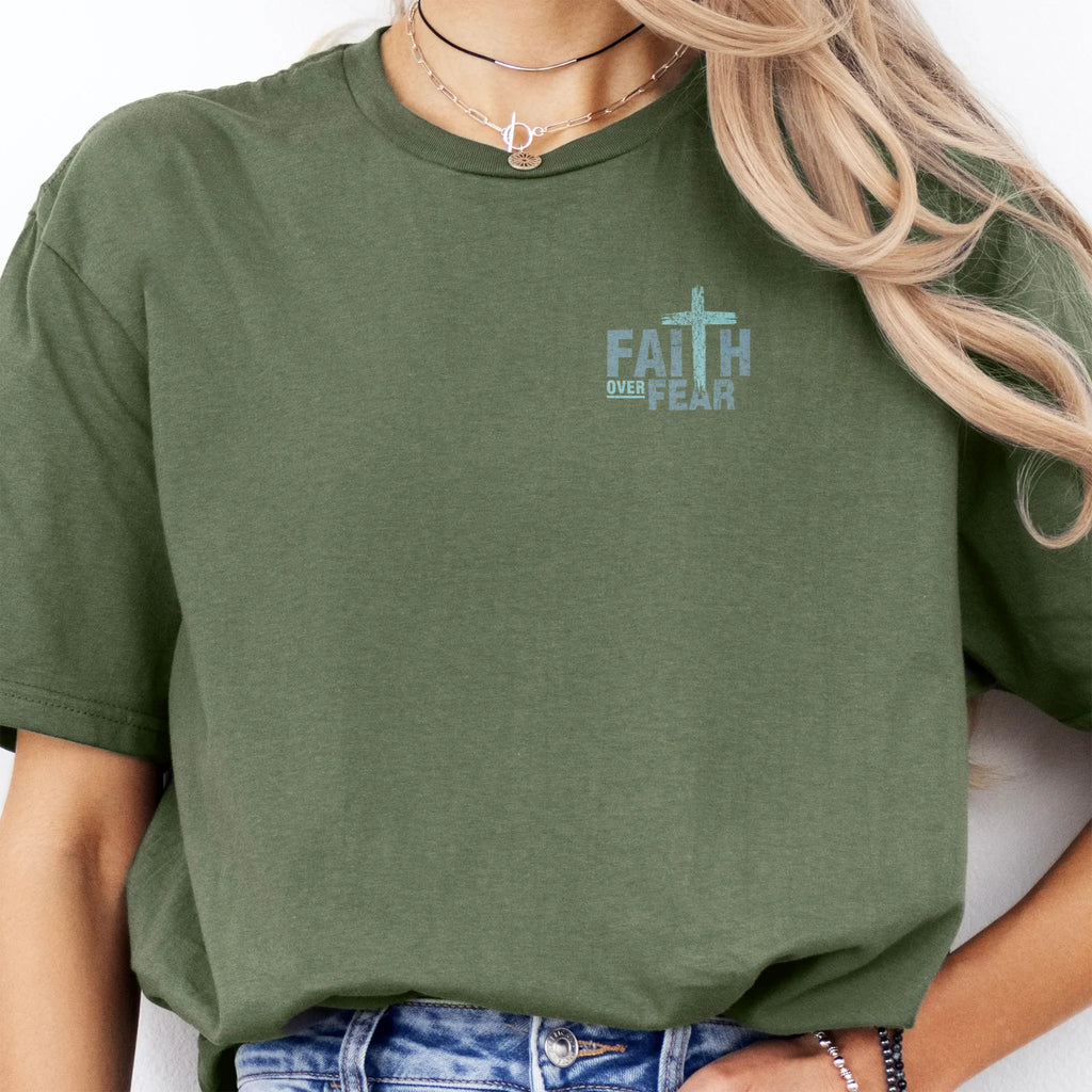 Military Green Oakley June t shirt, left chest badge reads Faith Over Fear with small cross, relaxed modern fit, studio front view