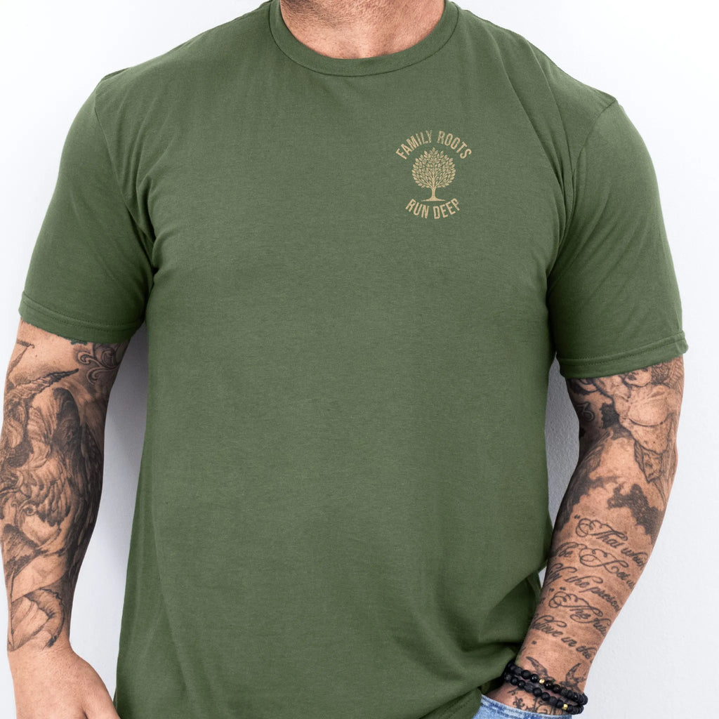 Military Green Oakley June tee left chest tree badge reading Family Roots Run Deep