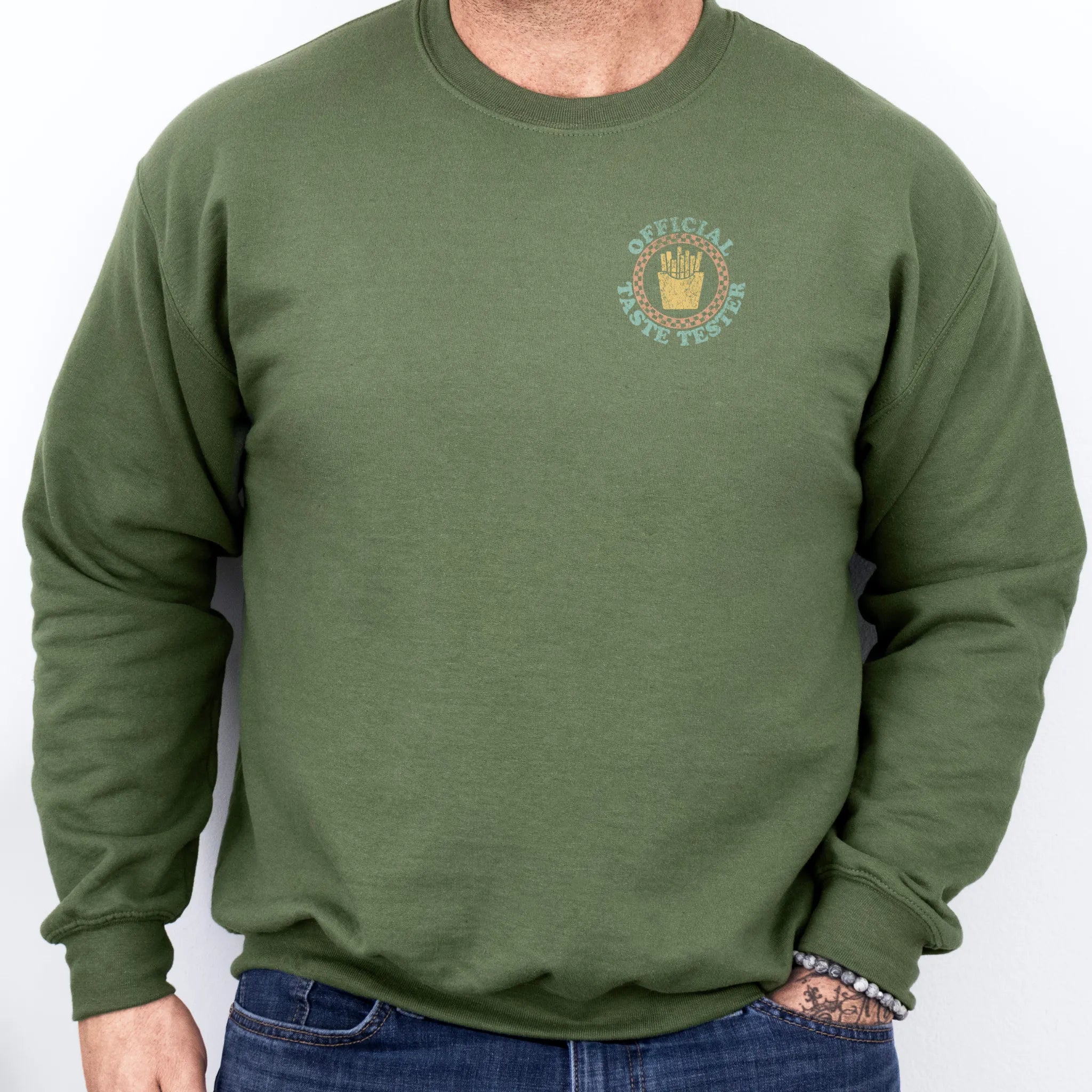 Military Green Oakley June Sweatshirt front view Dad Tax Official Taste Tester left chest badge retro circle fries emblem on a sweatshirt