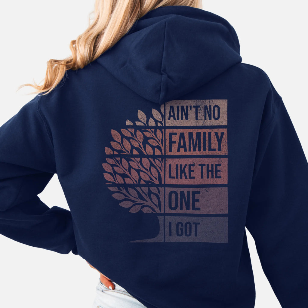 Navy Oakley June hoodie oversized back print Ain’t No Family Like the One I Got with tree graphic