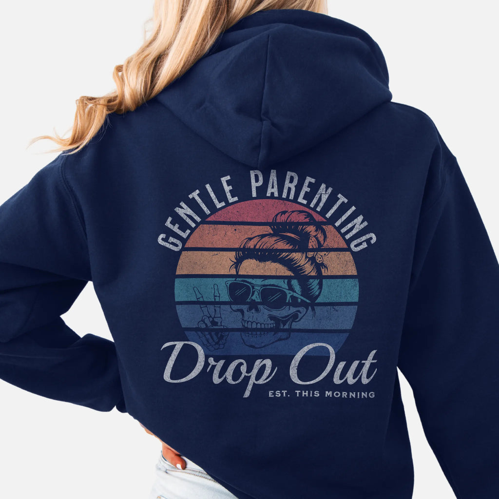Navy Oakley June Hoodie back view Gentle Parenting Drop Out large round retro stripe badge skull with messy bun peace sign script Est This Morning distressed print