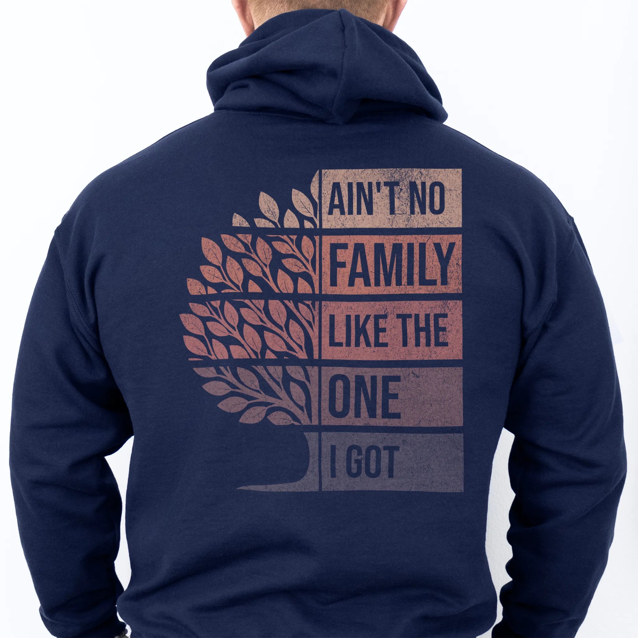 Navy Oakley June Hoodie – oversized back print Ain’t No Family Like the One I Got with distressed tree design