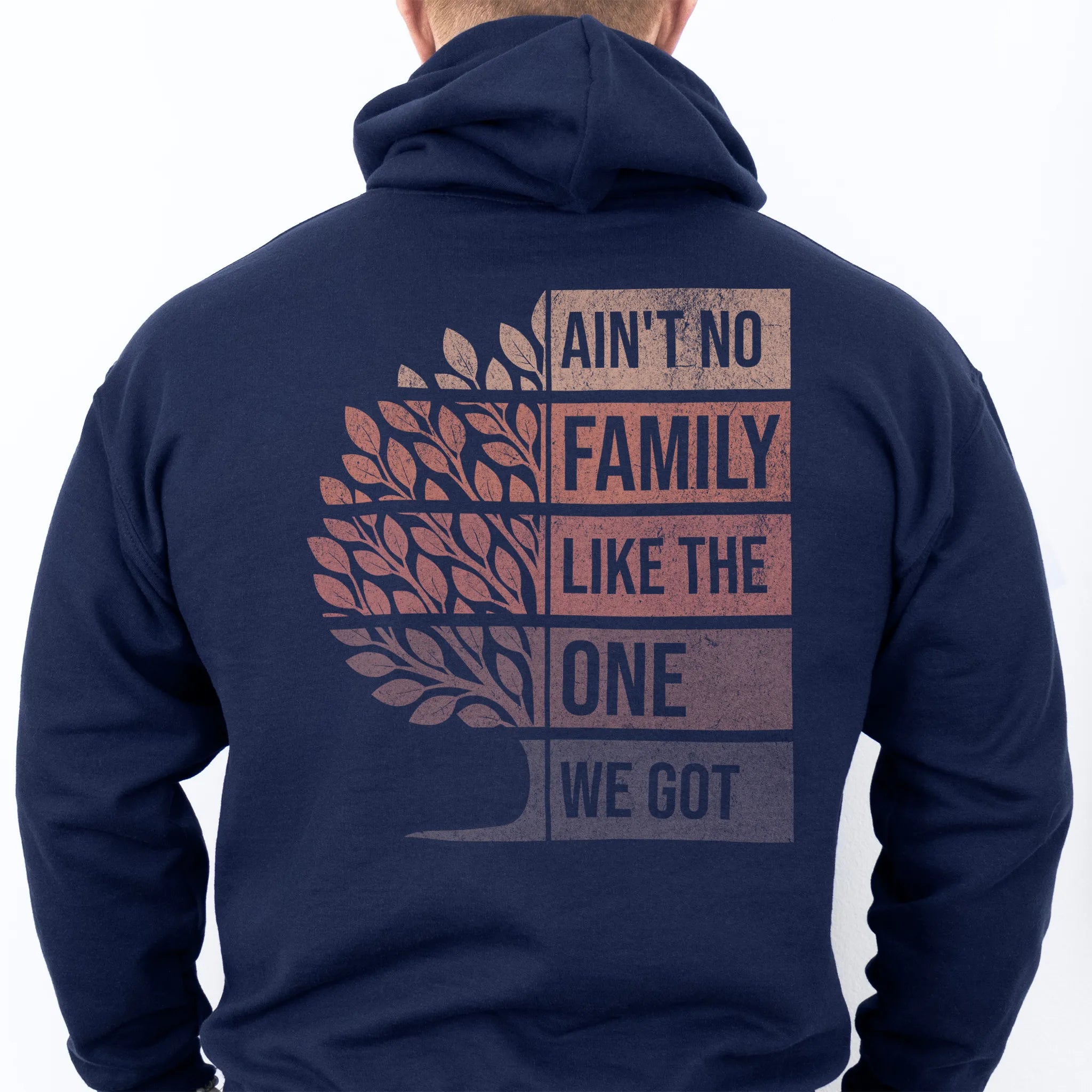 Navy Oakley June hoodie oversized back print Ain’t No Family Like the One We Got with tree graphic